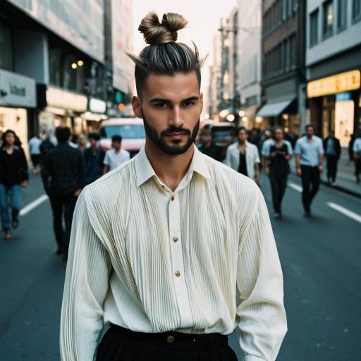 Male Model with Disconnected Top Knot Hairstyle in Urban Street
