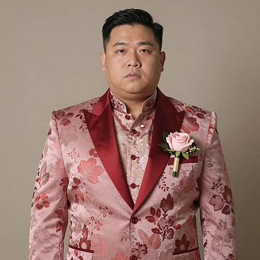 Asian Man in Pink Floral Wedding Suit