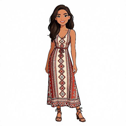 Digital illustration of a smiling woman with long black hair, wearing a white, red, and black patterned, sleeveless maxi dress and strappy sandals