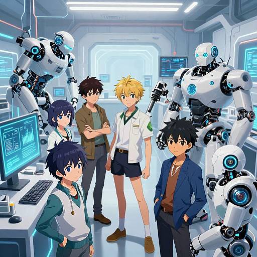 Anime-style digital drawing of six characters, three boys and three robots, in a futuristic lab with glowing screens and equipment.