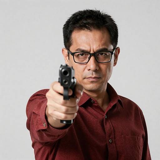 Serious Man Aiming Handgun at Camera