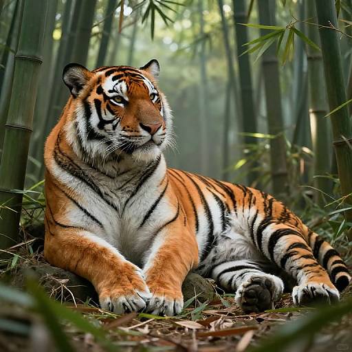 Photograph of a majestic orange-and-black striped tiger lying in a dense bamboo forest, with sunlight filtering through the tall green stalks.