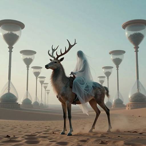 Silhouetted figure in flowing white robe rides a reindeer with antlers in a desert, surrounded by large, futuristic hourglasses under a