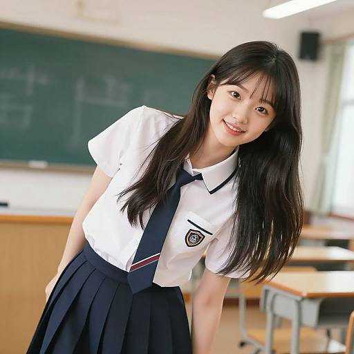 Photograph of an Asian woman with long black hair, wearing a white school uniform shirt and navy skirt, smiling in a bright classroom with a green chalk