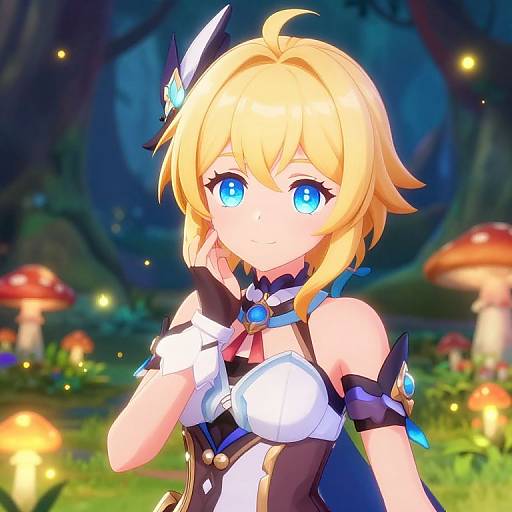 Digital anime-style drawing of a blonde girl with bright blue eyes, wearing a white and black outfit, in a magical forest with glowing mushrooms.