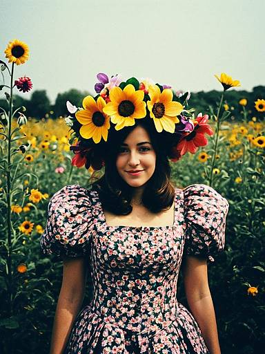 Woman Wearing Floral Dress and Sunflower Crown