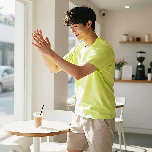 Realistic Korean Model in Sunlit Cafe