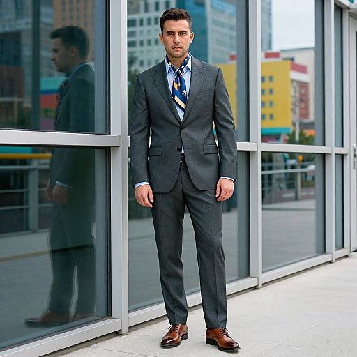 Photograph of a handsome, dark-haired man in a dark gray suit, blue shirt, striped tie, and brown shoes, standing in front of a
