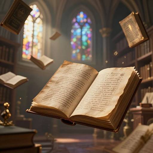 Photograph of an antique, open book floating in a dimly lit, Gothic-style library with colorful stained glass windows and floating books.