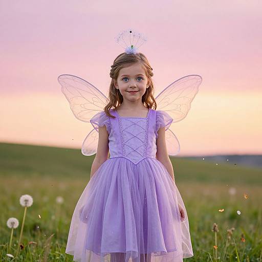 Photograph of a young girl with fair skin and brown hair, wearing a lavender fairy dress and translucent wings, standing in a grassy field at sunset