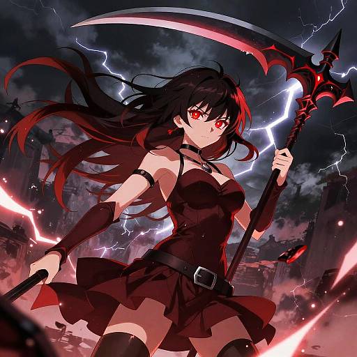 Anime-style digital illustration of a fierce, red-eyed, black-haired female warrior with glowing red and black outfit, wielding a scythe, amidst a storm
