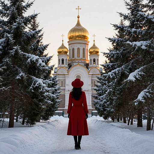 Photograph of a woman in a red coat and hat, standing on a snow-covered path, facing a golden-domed Orthodox church flanked by snow