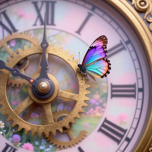 Photograph of a vibrant blue-purple butterfly with black edges perched on gold clock gears, set against a blurred floral background with a white clock face displaying