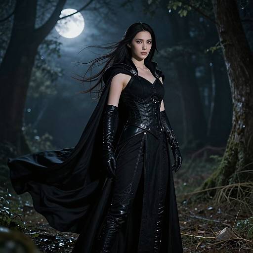Photograph of a dark-haired woman in a black, gothic-style dress and gloves, standing in a moonlit, dense forest.