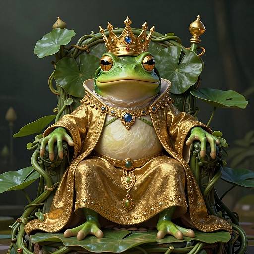 Digital artwork of a green frog regally seated on a throne, adorned with a gold crown, ornate robe, and gemstones, surrounded by lush
