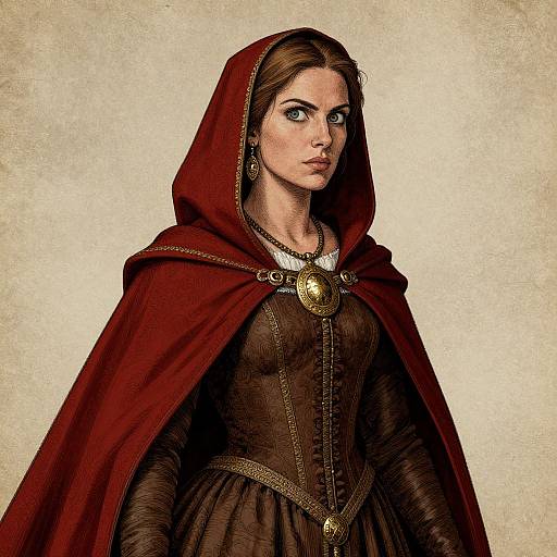 Digital artwork of a serious, fair-skinned woman with brown hair, wearing a red hooded cloak over a dark, medieval-style dress with gold trim