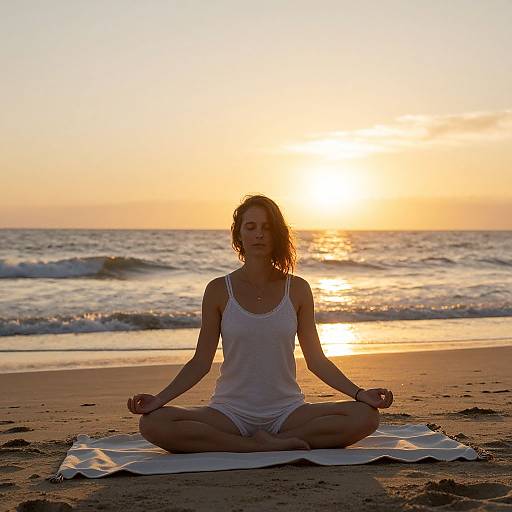 Photograph of a woman with wet, shoulder-length brown hair, wearing a white tank top and shorts, meditating cross-legged on a beach towel at