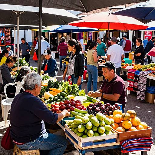 Vibrant outdoor market scene, photograph: busy with shoppers, colorful produce under red and black umbrellas, diverse crowd, elderly vendor with gray hair