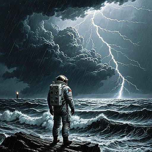 Astronaut Amidst Stormy Seas and Lightning