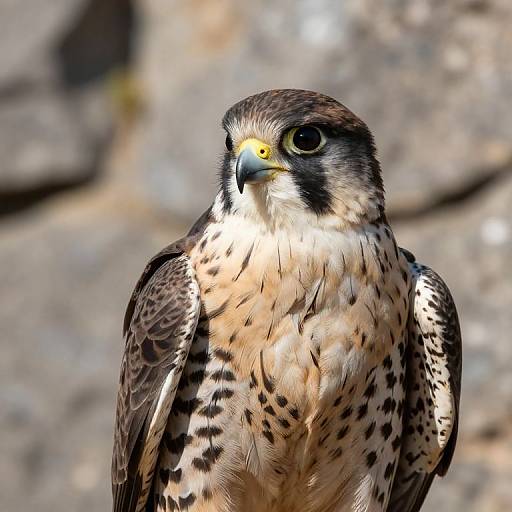 Photograph of a Peregrine Falcon with sharp yellow eyes, black-spotted brown and white feathers, and a focused gaze, set against a blurred