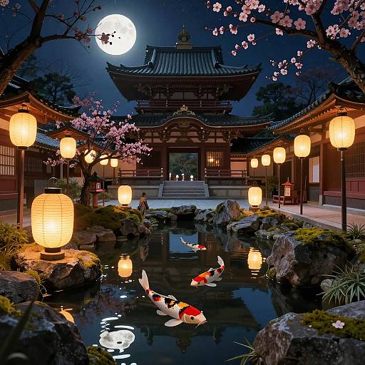 Photograph of a serene Japanese garden at night, illuminated by lanterns, with koi fish in a pond, cherry blossoms, and a traditional