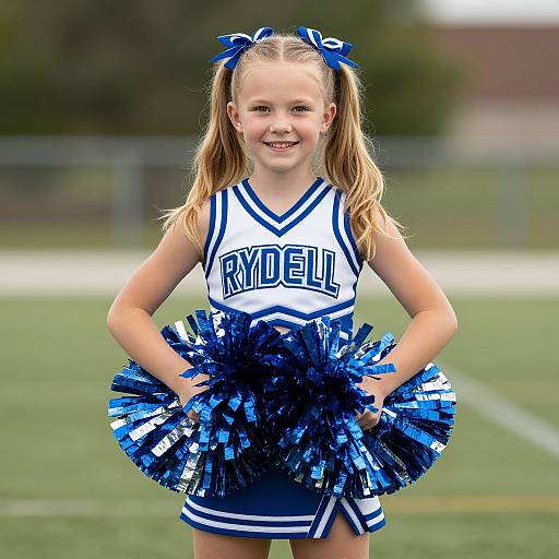 Photograph of a smiling young Caucasian girl with blonde pigtails, wearing blue and white cheerleader uniform, holding blue pom-poms, standing on
