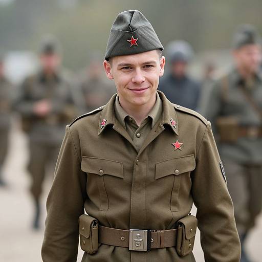 Photograph of a young, white male soldier in World War II-era German uniform with a black cap and red star, smiling, standing in front of
