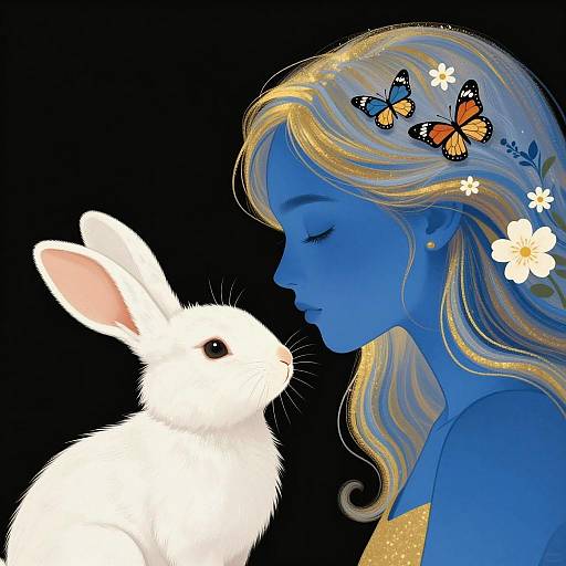 Whimsical Blue-Faced Woman and Bunny