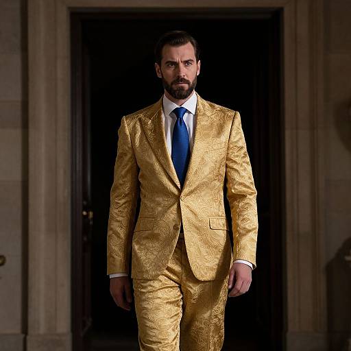 Photograph of a bearded man with dark hair, wearing a shiny gold suit, white shirt, and blue tie, walking towards the camera in a