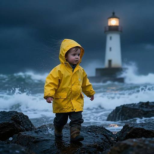 Photograph of a young child in a bright yellow raincoat standing on rocky shore, waves crashing, with a lit lighthouse in the stormy,