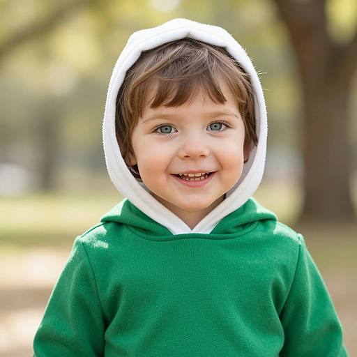 Photograph of a smiling young boy with blue eyes, brown hair, wearing a green hoodie with a white hood, standing in a sunlit park.