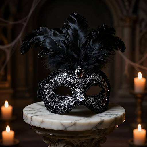 Photograph of an ornate, black, silver-embroidered Venetian masquerade mask with black feathers, on a marble pedestal,
