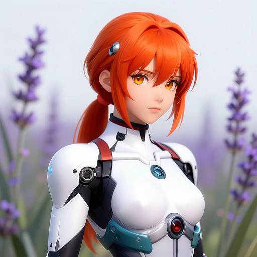 Digital anime-style artwork of a red-haired woman with yellow eyes, wearing a white and black futuristic bodysuit, set against a blurred lavender field background