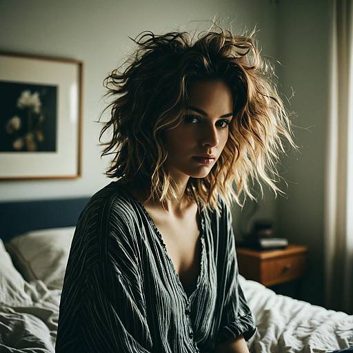 Woman with Messy Hair in Bedroom