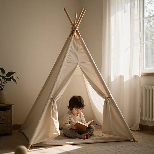 Photograph of a young boy with short brown hair, wearing a white shirt, reading inside a beige canvas teepee in a sunlit room.
