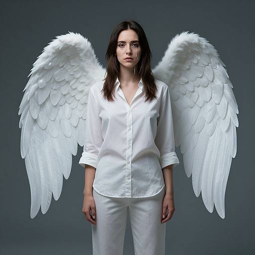 Photograph of a serious young woman with long dark hair, wearing a white button-up shirt and pants, and large, detailed white feather wings, standing