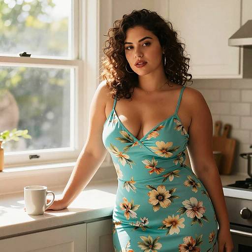 Sunlit Curvy Woman in Floral Dress