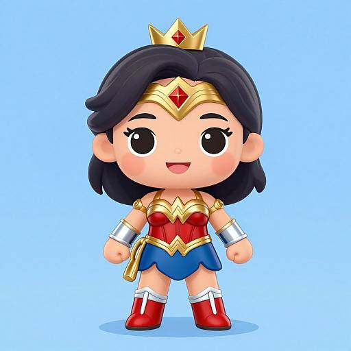 Chibi-style digital drawing of Wonder Woman: black hair, large eyes, red top, blue skirt, gold tiara, red boots, blue background