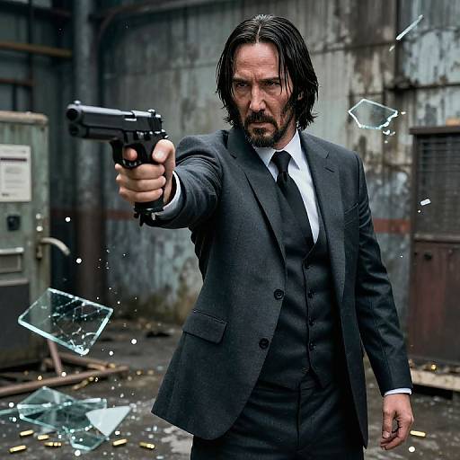 Photorealistic digital image of a rugged, bearded man with wet, dark hair, in a dark gray suit, pointing a black handgun, surrounded