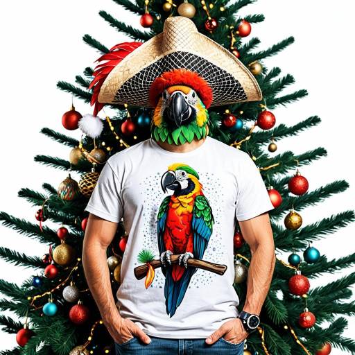 Man Wearing Parrot Mask and Sombrero by Christmas Tree