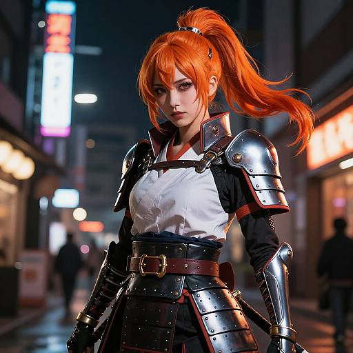 Digital anime-style image of a fierce, orange-haired woman with a high ponytail, wearing silver armor, white shirt, and black skirt, standing on