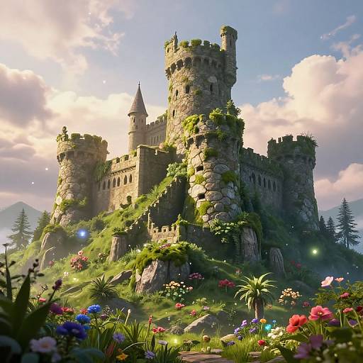 Photorealistic CGI of a sunlit, moss-covered, medieval castle with tall towers, surrounded by vibrant flowers and lush greenery, set against a