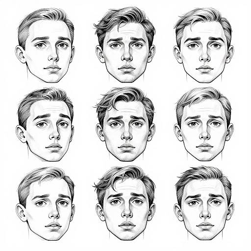 Black-and-white digital line drawing of nine male faces, each with different expressions, arranged in a 3x3 grid.