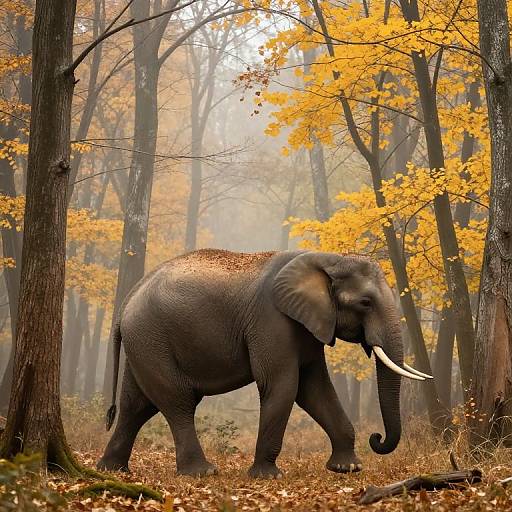 Elephant in Misty Autumn Forest