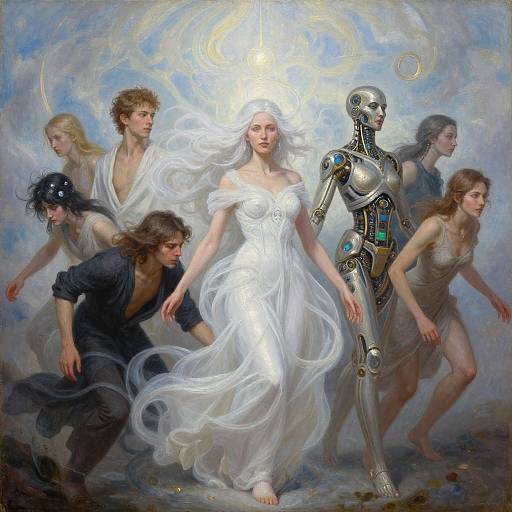 Digital painting of a white-robed woman with flowing hair, surrounded by six ethereal figures, including a cyborg, in a radiant, celestial background
