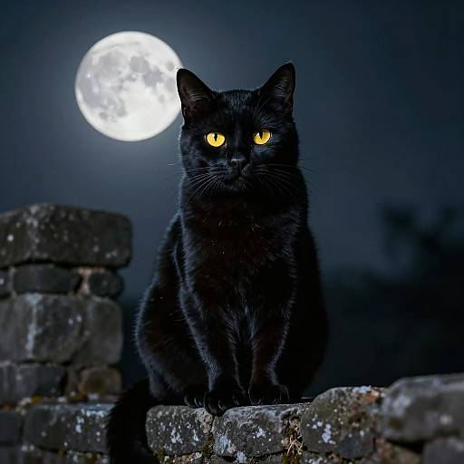 Photograph of a black cat with glowing yellow eyes sitting on a stone wall, illuminated by a bright full moon in a dark, night sky.
