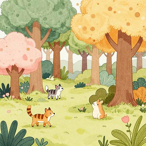 Colorful illustration of a forest with three animals: orange striped fox, white and gray dog, and white and orange hamster, surrounded by trees with