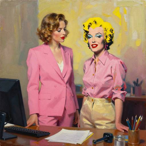 Digital painting of two women in pink blouses and beige skirts, one with yellow hair, standing in a colorful office.