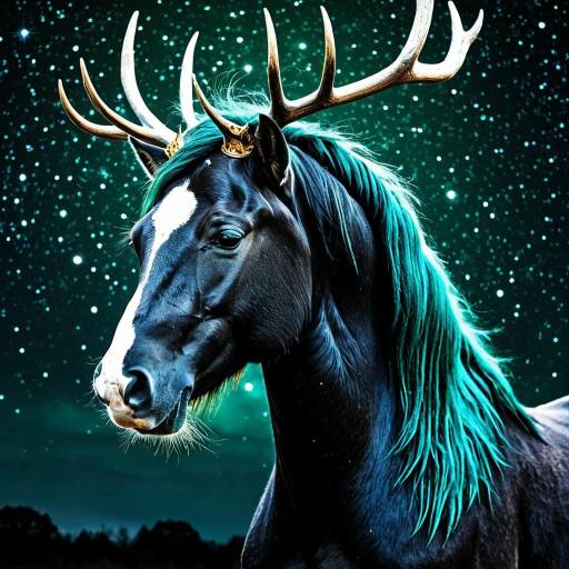 Fantasy Black Horse with Glowing Antlers