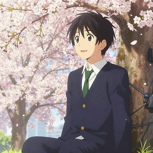 Anime-style digital drawing of a black-haired boy in a navy suit with a green tie, sitting against a cherry blossom tree.